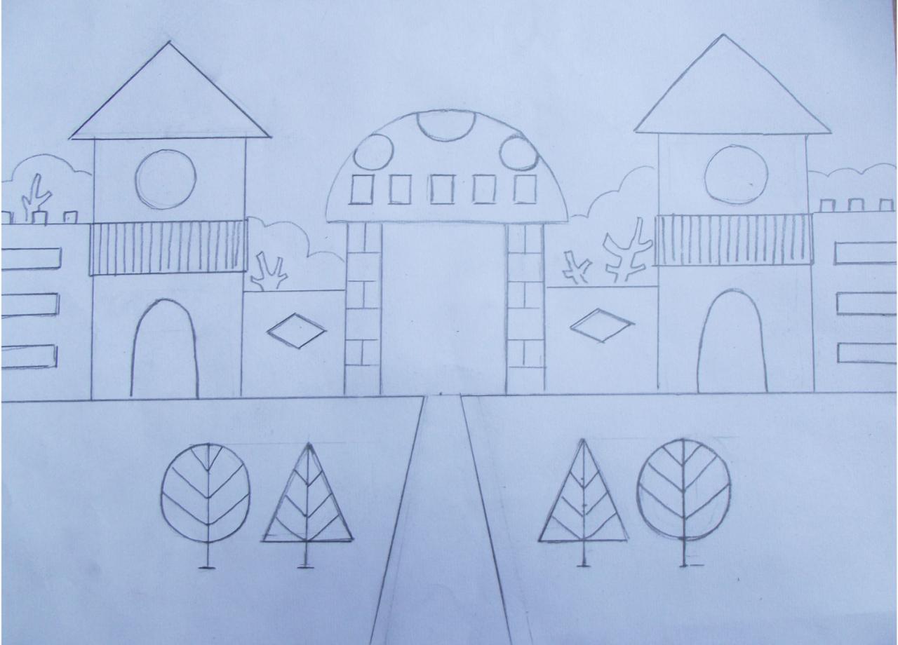 第四步，画出幼儿园小路两边的树木