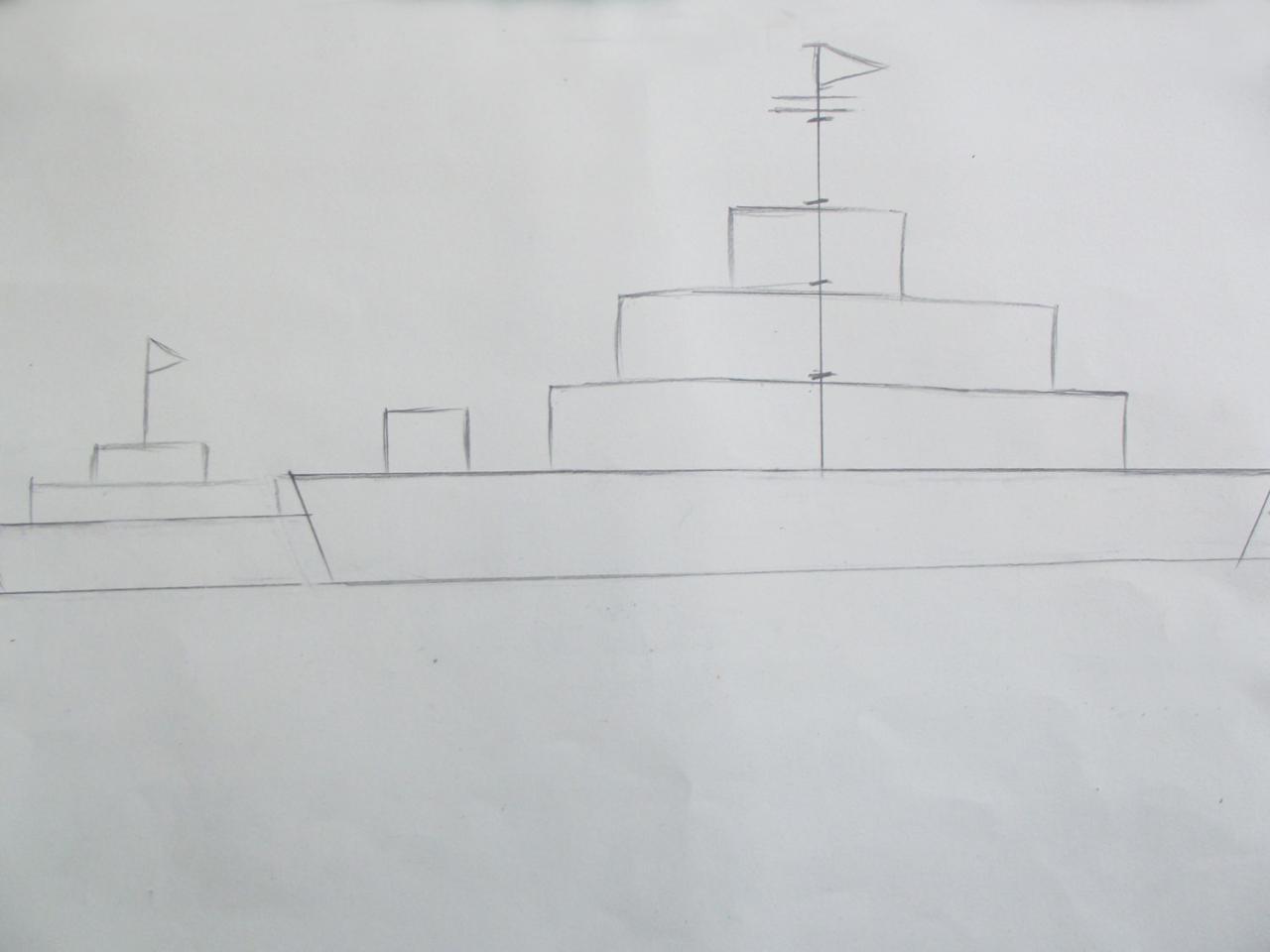 第二步，画出远近两只船的外轮廓