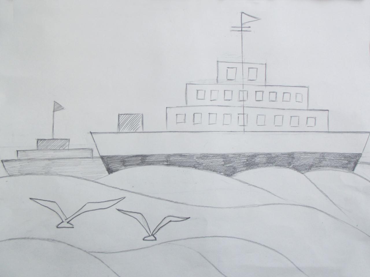 第三步，画出船的内部结构及海浪和海鸥