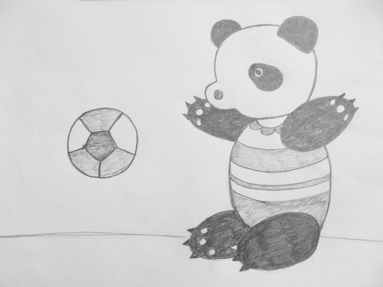 第四步，用黑白灰三种调子画出小熊猫及皮球的色调