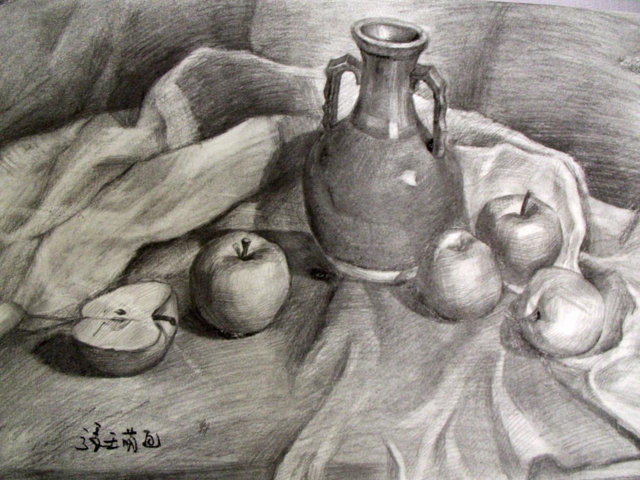 花瓶、苹果 静物素描 张玉萌画