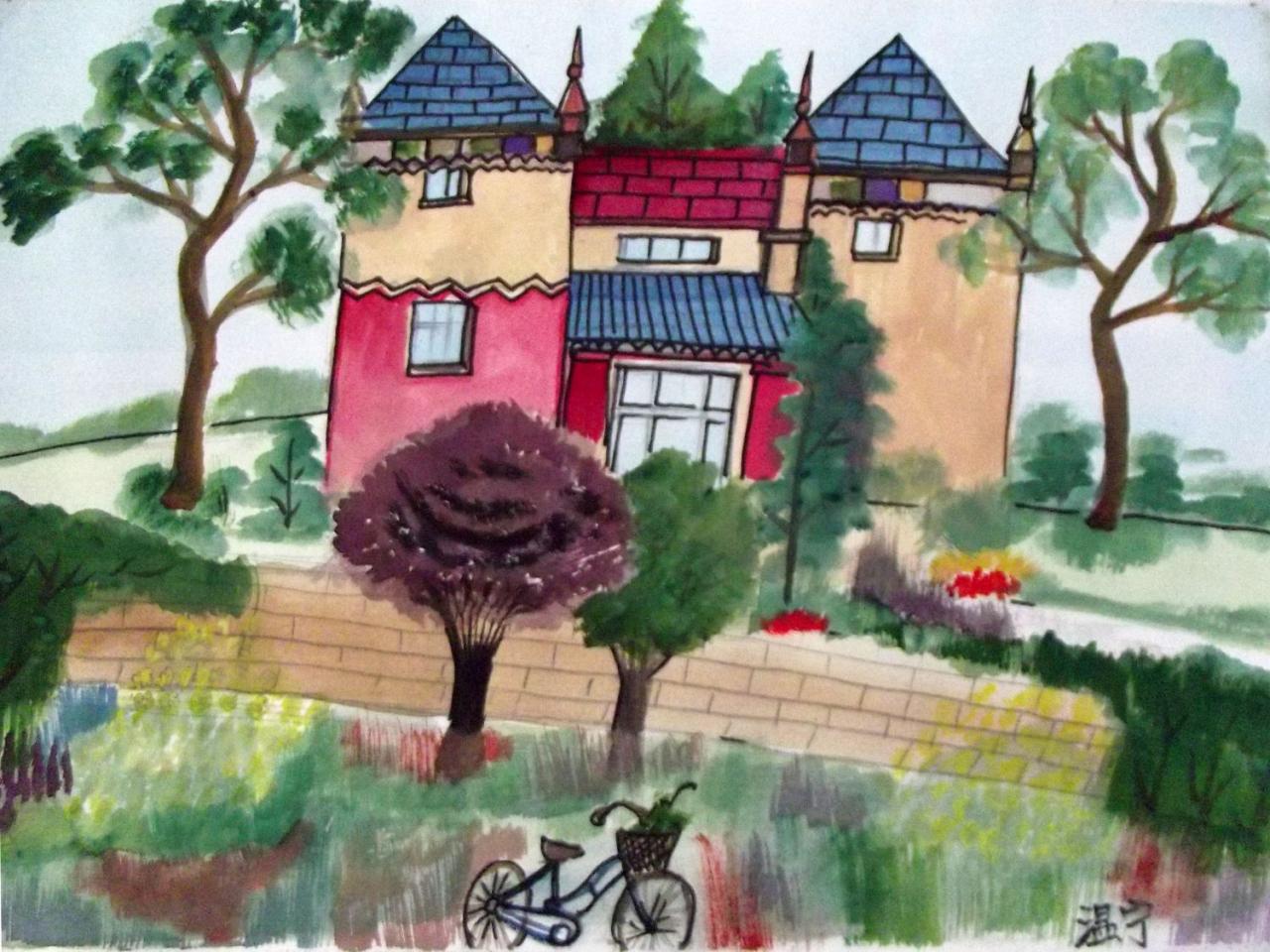 城堡 自行车 水彩风景 温宁画
