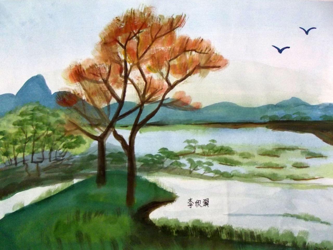 湖边 水彩风景 李欣翼画