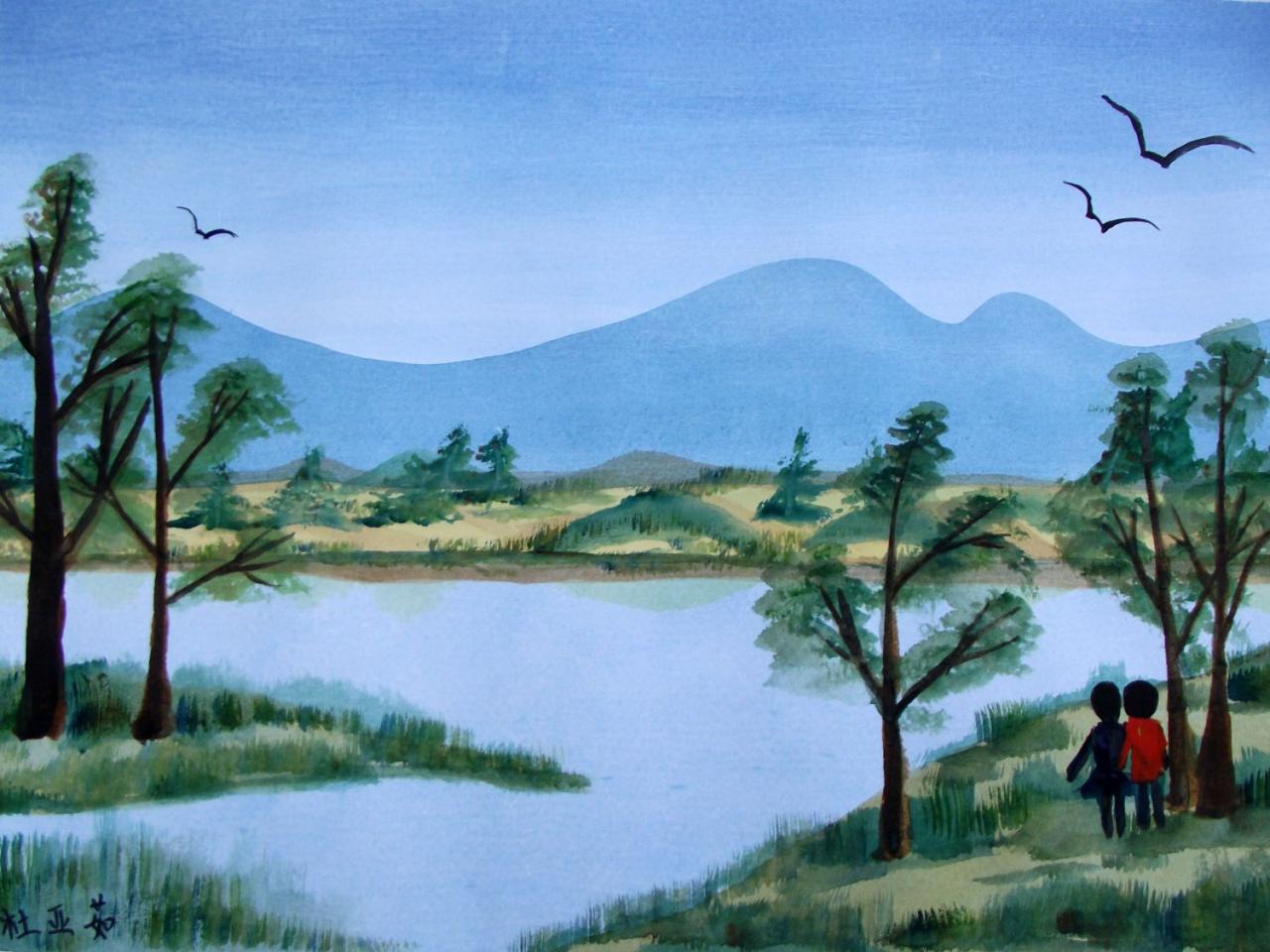 湖边 水彩风景 杜亚茹画