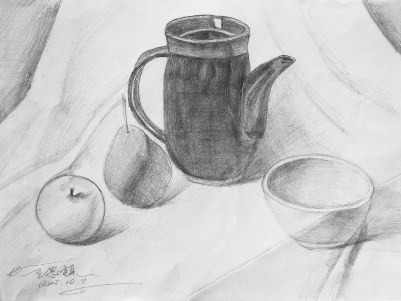 茶壶、梨子、苹果、碗 静物素描 王思颖画