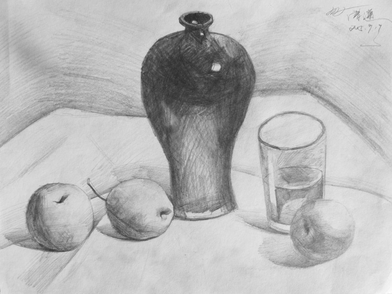 陶罐、水杯、苹果、梨 静物素描 曹潇画