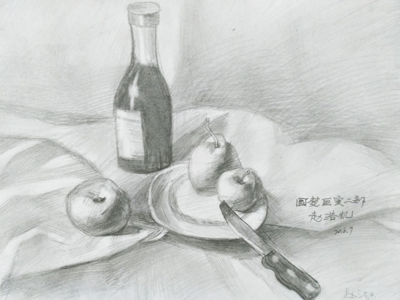 酒瓶、刀具、盘子、苹果、梨 静物素描 赵浩凯画