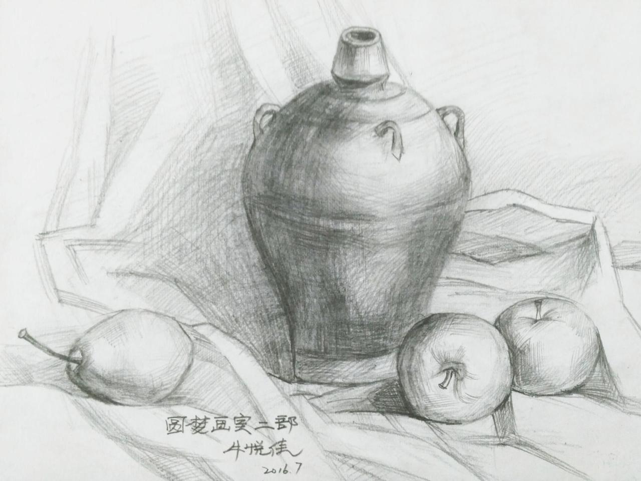 陶罐、苹果、梨 静物素描 牛悦佳画