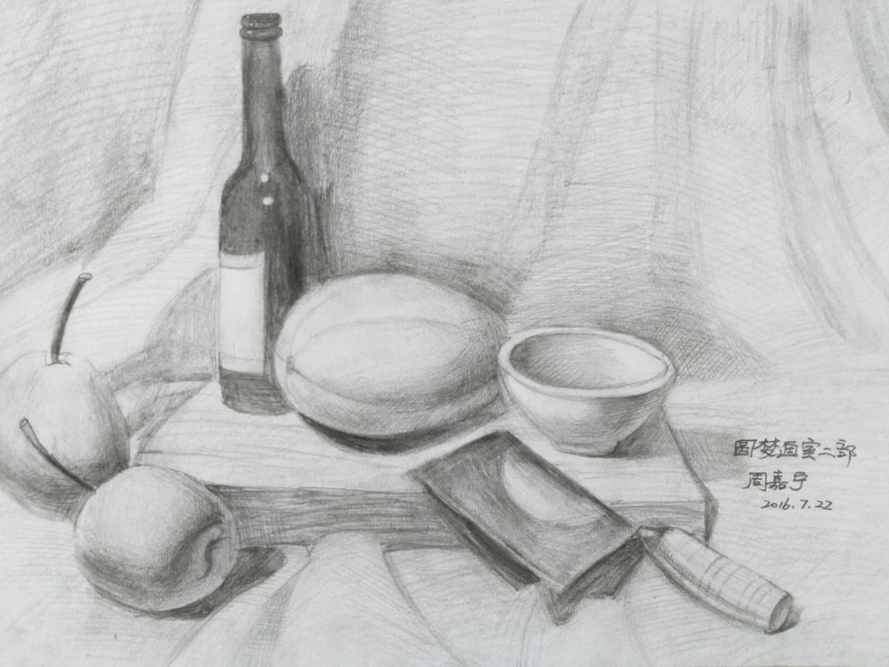 酒瓶、香瓜、碗、菜刀、菜板、梨 静物素描 周嘉宁画