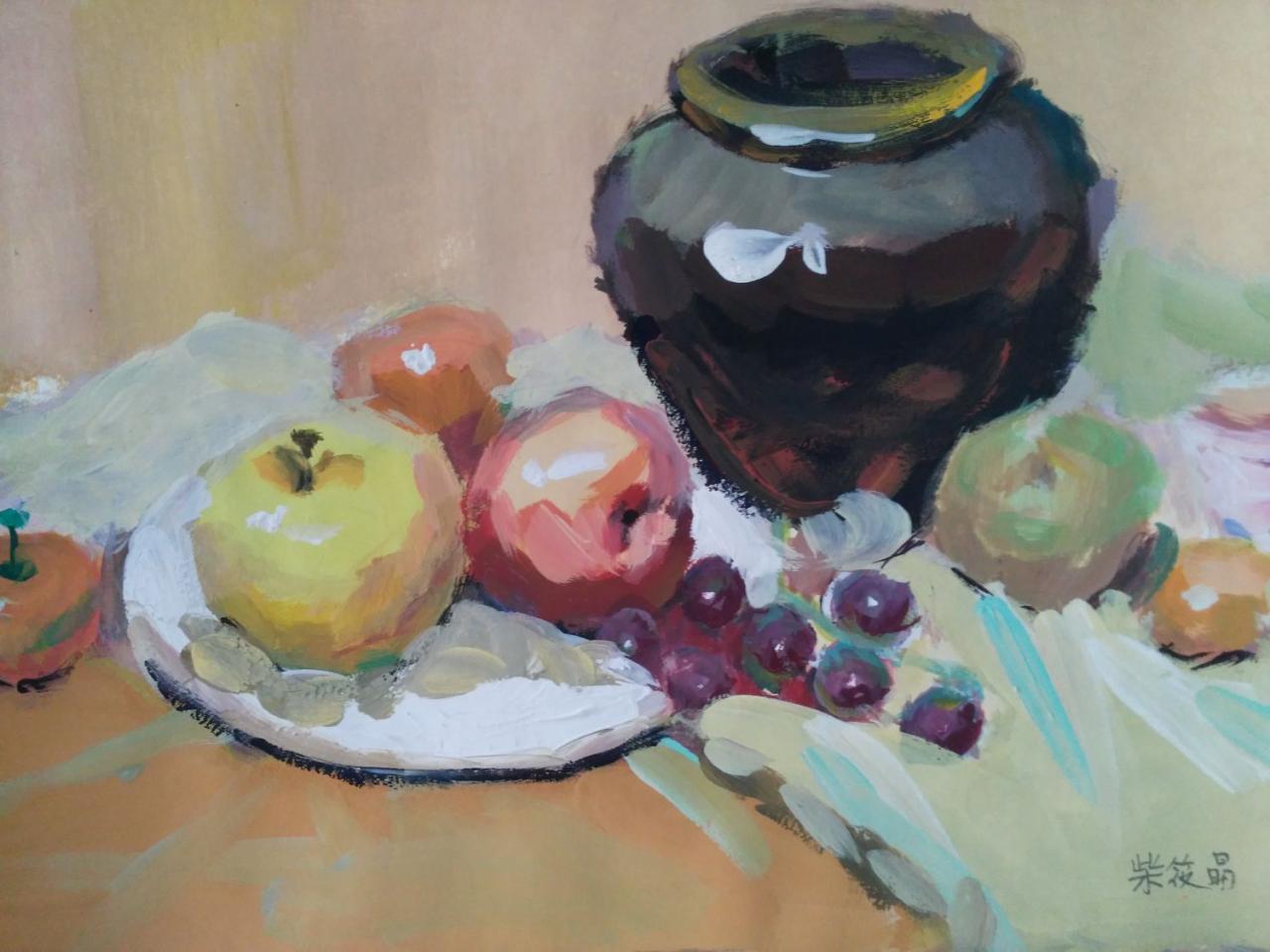 水粉静物 陶罐、苹果、葡萄、盘子等 柴筱晶画