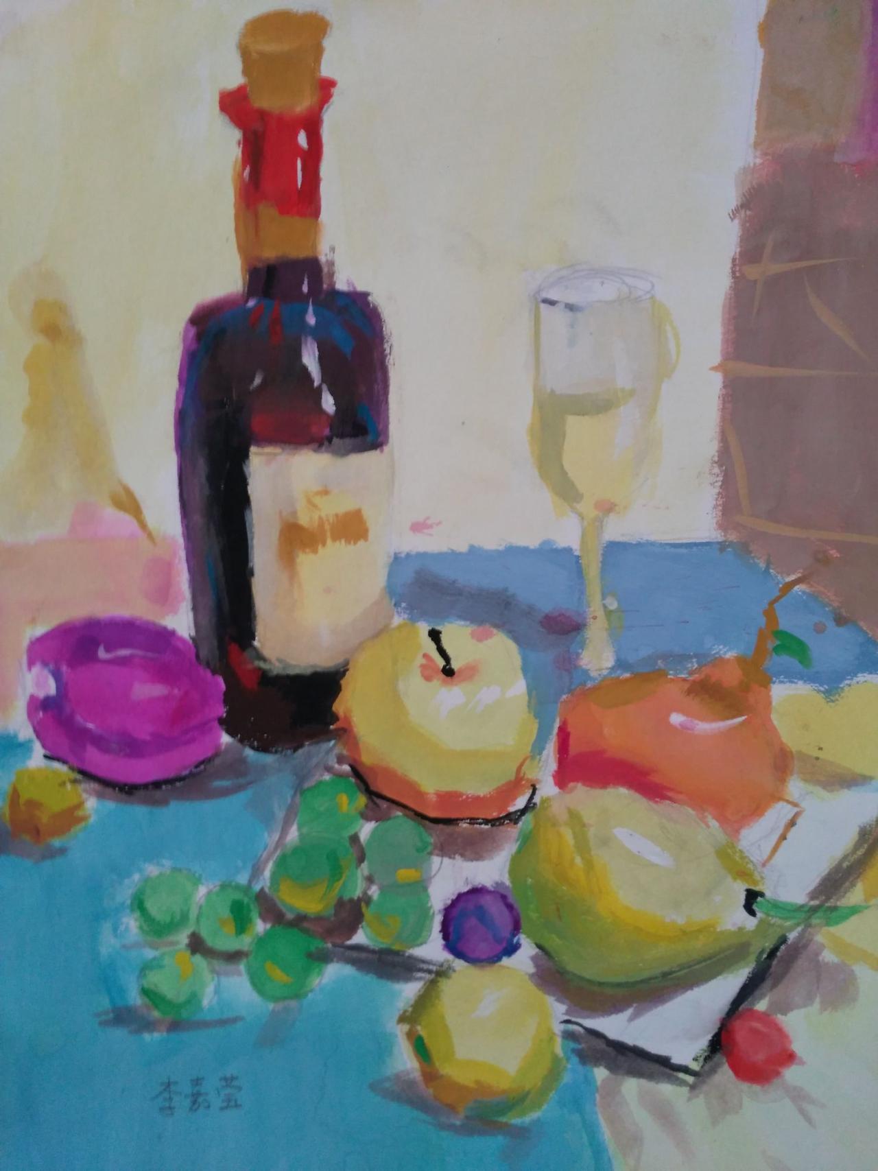 水粉静物 酒瓶、玻璃杯、梨、葡萄、盘子等 李嘉莹画