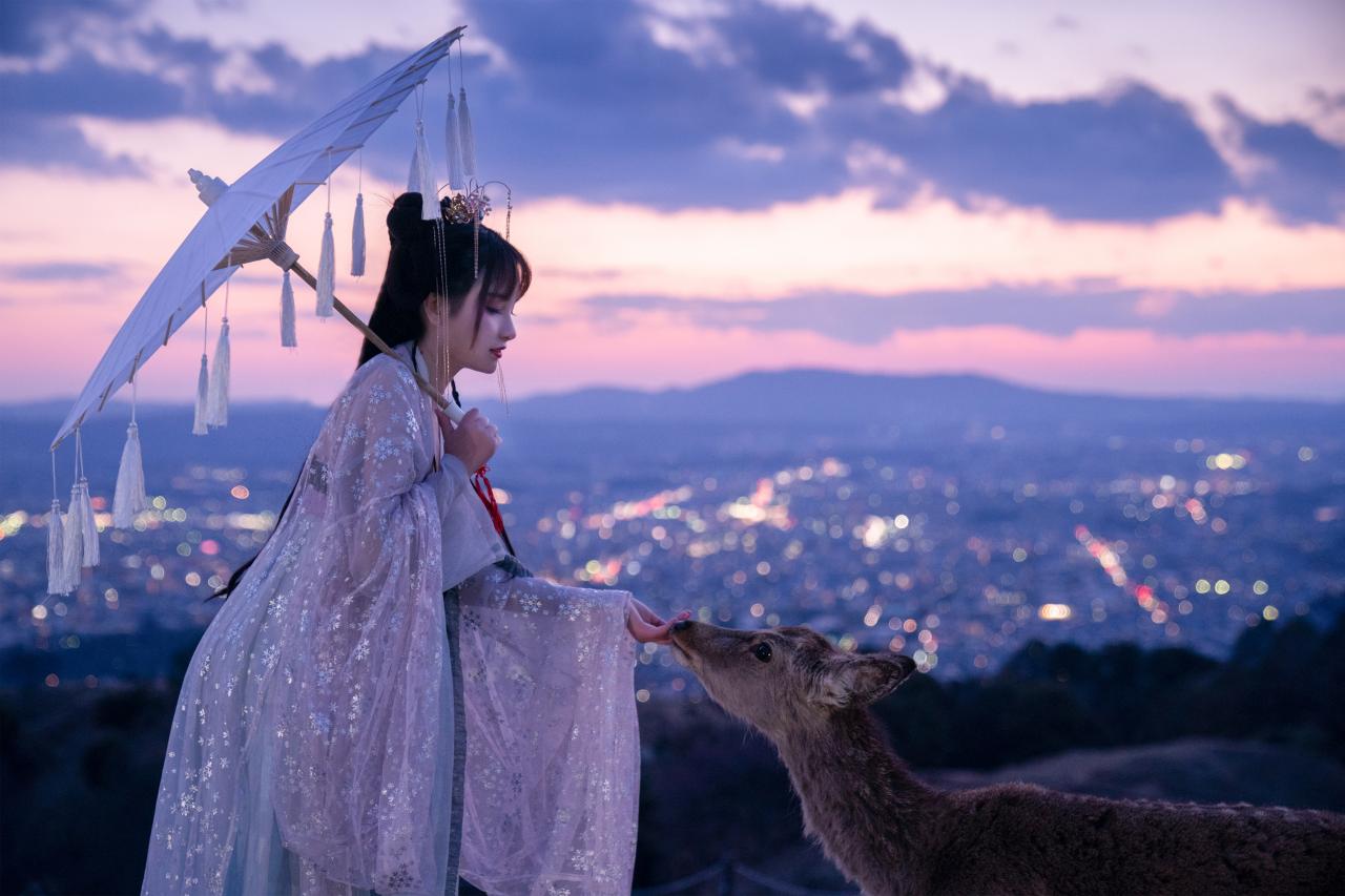 撑着雨伞穿着紫色汉服的少女喂鹿 侧面 背景是璀璨的城市灯光