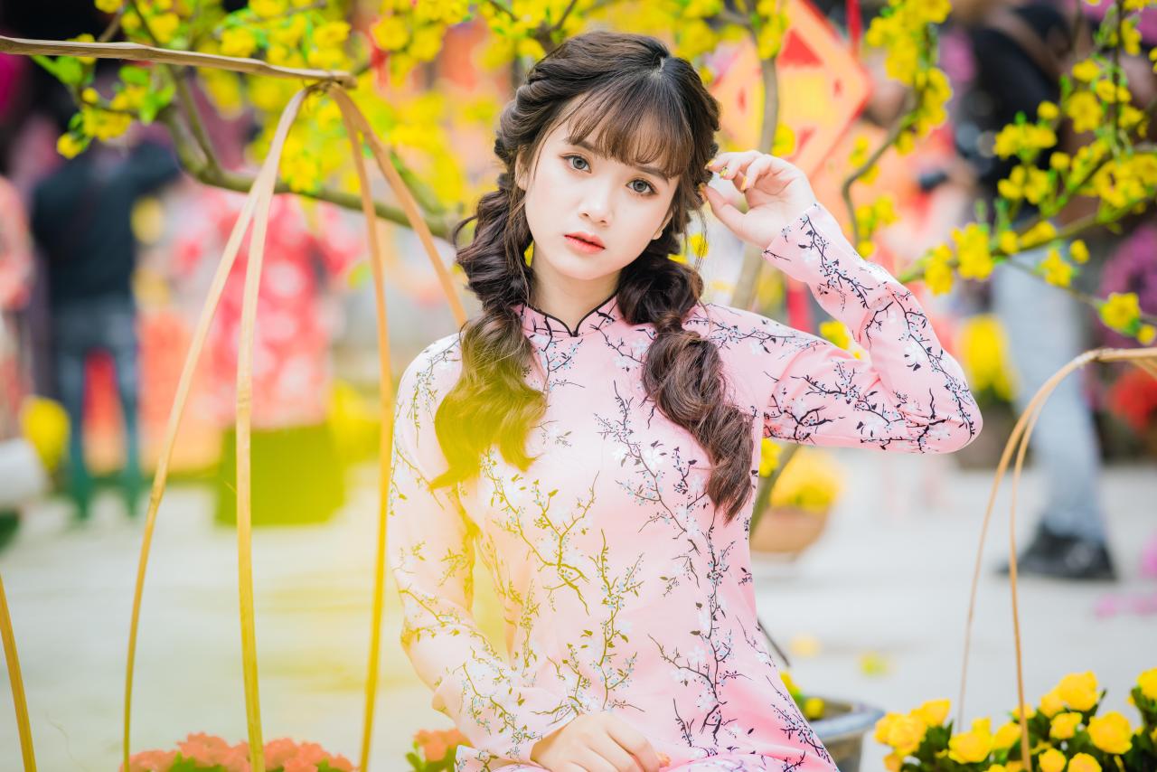 棕色双马尾卷发，齐刘海儿，穿着粉色旗袍的越南少女 坐姿 上半身照 正面照 横幅 左手轻抚额头 花篮 腊梅 黄梅